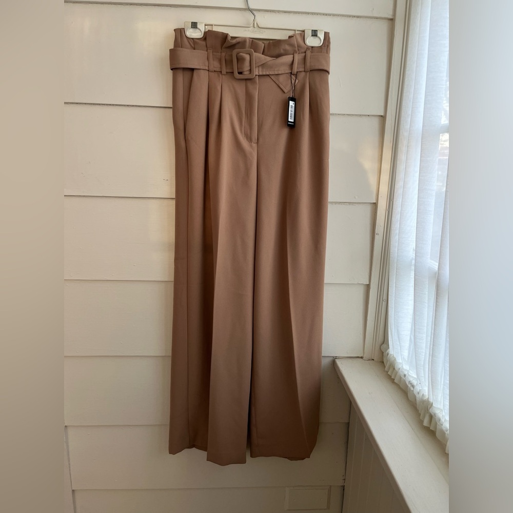 Express paper bag waist wide leg camel trousers
